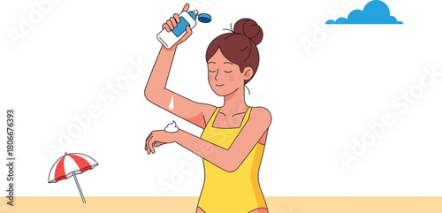 Woman applying sunscreen lotion on skin at beach during vacation