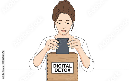 Woman putting smartphone into box marked digital detox