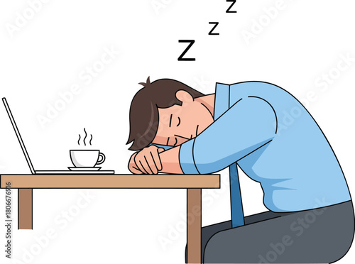 Tired businessman sleeping at desk with laptop and coffee