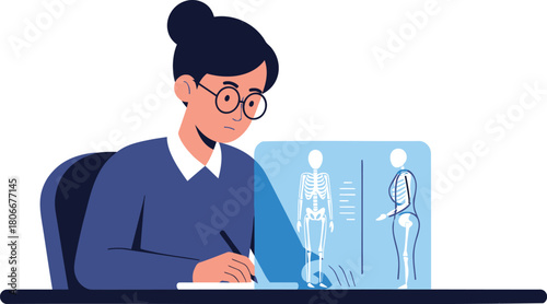 Woman analyzing incorrect sitting posture with skeleton diagram