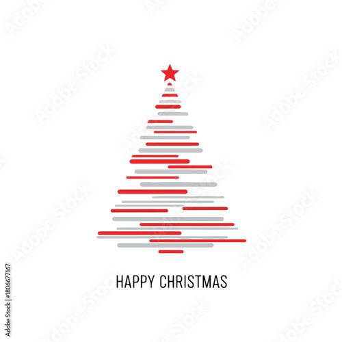 Minimalist Christmas tree made of red and gray horizontal lines with a red star on top and 'HAPPY CHRISTMAS' text on a white background.