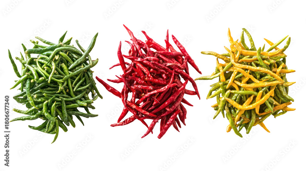 Naklejka premium Three piles of small spicy peppers in green red and yellow isolated on transparent background