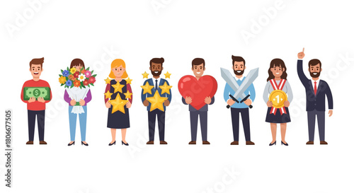 Celebrating achievements, rewards, and success with a diverse group of people holding symbolic items