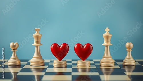Symbolic chessboard with heart-shaped pieces at varied positions, depicting romantic timing dynamics.