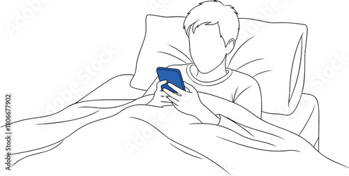 Man Using Mobile Phone in Bed at Night Suffering from Insomnia