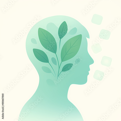 Head silhouette filled with nature and fading app icons for digital detox mental wellness