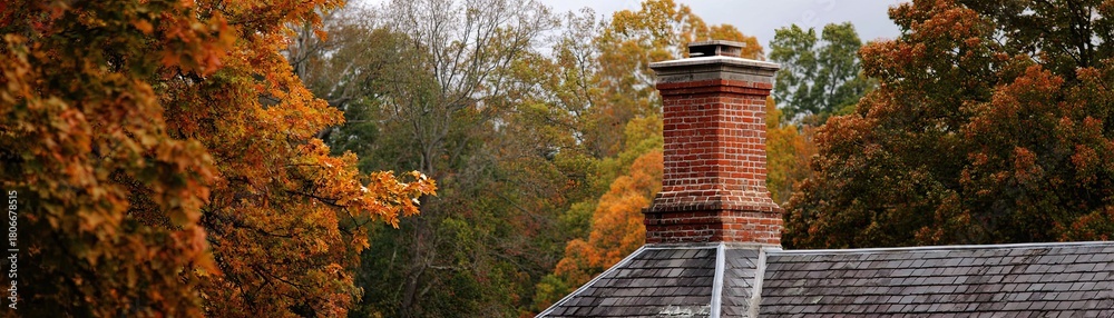 Obraz premium A charming chimney peeks above a rustic roof, surrounded by vibrant autumn foliage, showcasing the beauty of fall in a serene landscape.