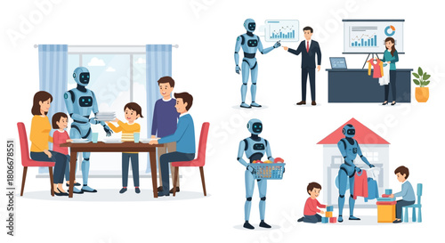 Concept illustrations of AI robot assistants integrated into daily life, helping a family at home and working in business