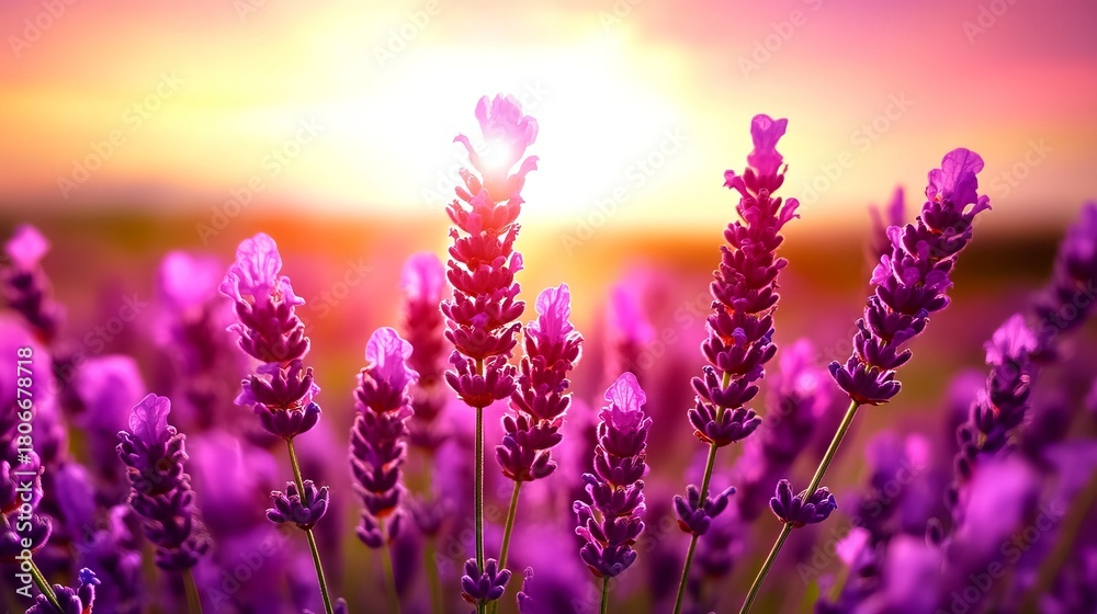 Fototapeta premium Lavender flowers bloom in a field during sunset, exhibiting vibrant purple petals against a blurred horizon.