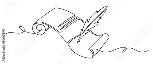 Old scroll and feather pen in minimalist continuous line art illustration