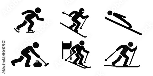 Minimalist black icons showing six winter sports: speed skating, freestyle skiing, ski jumping, curling, alpine skiing, and cross-country skiing