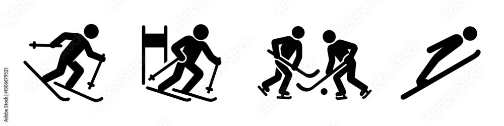 Obraz premium Black pictogram-style icons representing winter sports: cross-country skiing, alpine skiing, ice hockey, and ski jumping