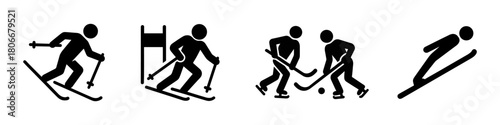 Black pictogram-style icons representing winter sports: cross-country skiing, alpine skiing, ice hockey, and ski jumping