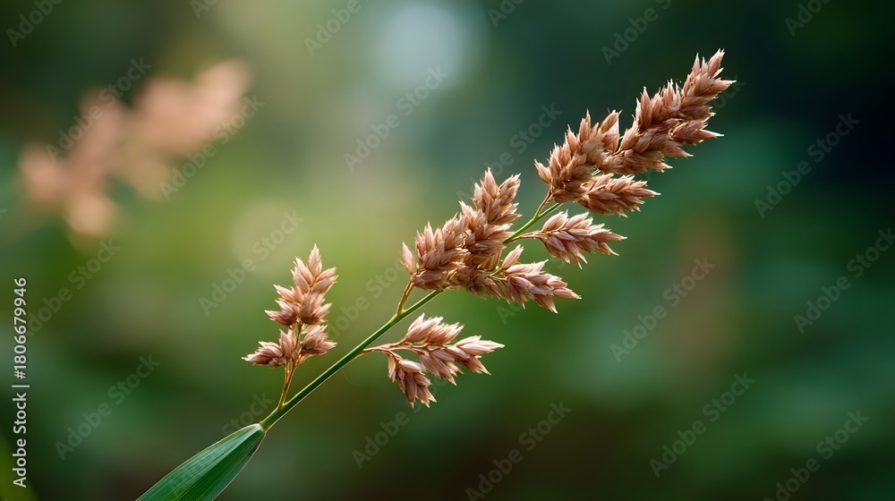 Naklejka premium Close up of a delicate dry grass seed head in soft natural light with a blurred green background
