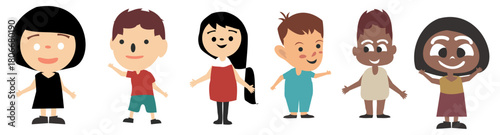 Happy kids cartoon collection. Multicultural children in different positions vector illustration