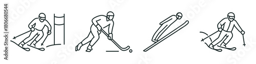 Thin line icons depicting winter sports in action: alpine skiing, ice hockey, ski jumping, and freestyle skiing. The outlined style conveys motion and detail while maintaining clarity