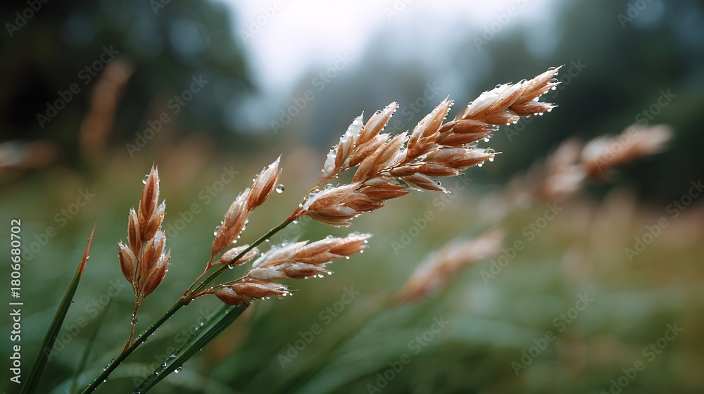 Fototapeta premium Close up of a grass seed head covered in sparkling morning dew set against a soft green bokeh background