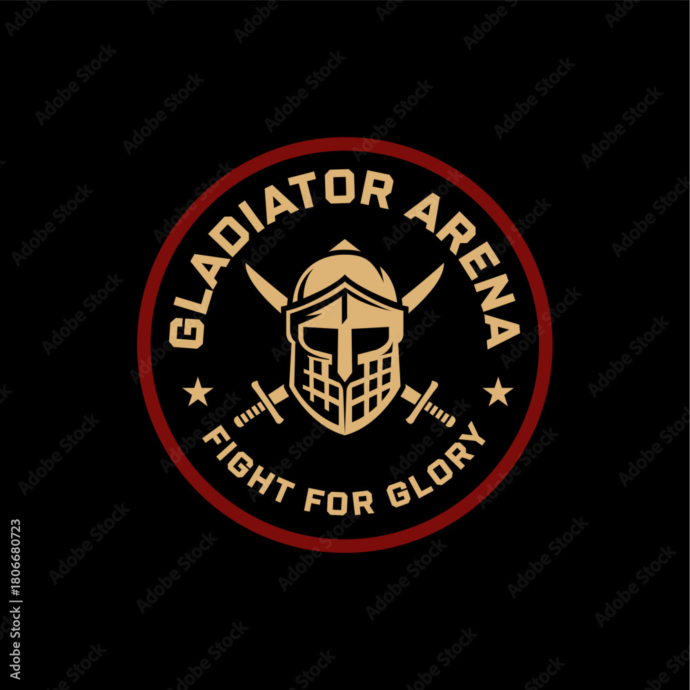 Obraz premium Bold gladiator helmet emblem with crossed swords in a circular badge design, ideal for sports, gaming, combat themes, or competitive team branding. Editable Vector File 