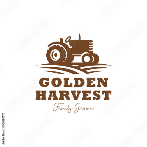 Rustic tractor illustration over farmland rows in a classic harvest-themed logo, ideal for agriculture, farming, and organic product branding. Editable Vector File
