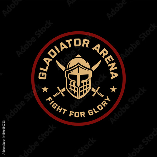 Bold gladiator helmet emblem with crossed swords in a circular badge design, ideal for sports, gaming, combat themes, or competitive team branding. Editable Vector File
