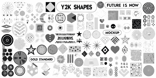 Collection of y2k inspired shapes and design elements in black and white for graphic design