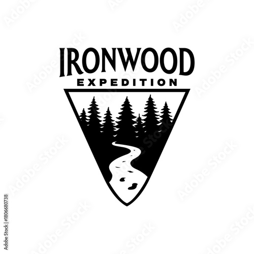 Stylized forest scene with winding trail inside a triangle badge, perfect for outdoor adventure, hiking, camping, and expedition branding. Editable Vector File
