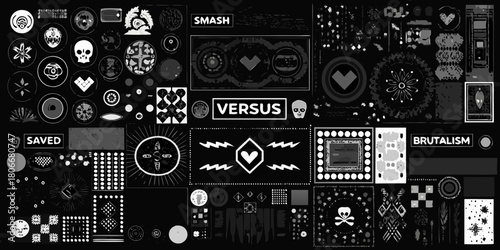 Abstract black and white graphic design elements with text and decorative shapes
