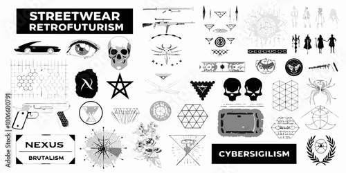 Retrofuturistic streetwear design elements skulls weapons geometric shapes and cyberpunk aesthetics