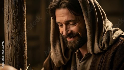 portrait of pensive man in rustic hooded robe, representing saint joseph. biblical scene from christmas nativity story. banner, website header with copyspace.