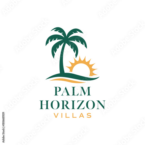 Tropical palm tree with rising sun over gentle waves in a clean villa and resort themed logo, ideal for travel, hospitality, and coastal branding. Editable Vector File
