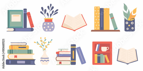 Collection of illustrated books and decorative elements in a flat design style