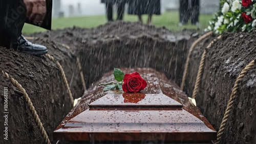 Man dropping a red rose into an open grave at a rainy outdoor funeral service. Somber burial ceremony with coffin and mourner.
