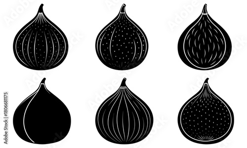 Collection of six black and white fig illustrations with varying internal patterns and textures shown