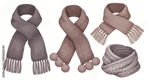 Collection of warm and cozy winter scarves with tassels and knitted patterns