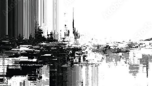 Abstract cityscape rendering in shades of black and white pixels