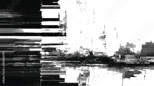 Abstract cityscape with glitch effects in black and white tones art