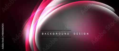 Abstract design features glowing curves, gradients. Pink, white light contrasts dark background. Modern aesthetic, simple text overlay.