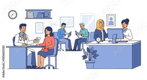 Healthcare professionals and diverse patients engaged in consultations and administrative tasks within a busy modern medical clinic setting
