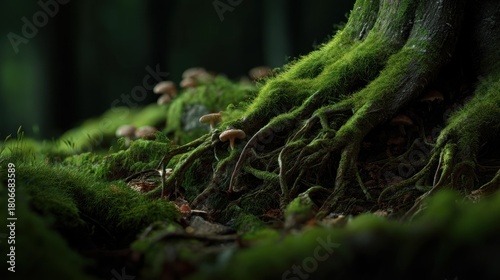 Moss covered roots mushrooms