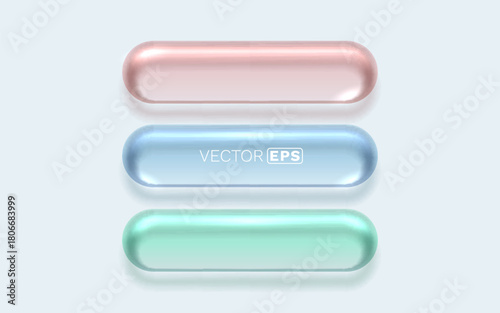 Modern glossy 3D rounded buttons set in vibrant pastel colors. Clean user interface elements.