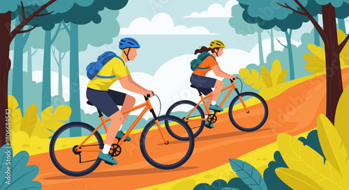 Two cyclists joyfully navigating their mountain bikes up a challenging winding dirt path through a vibrant, lush green forest, embracing an active outdoor adventure and a healthy lifestyle