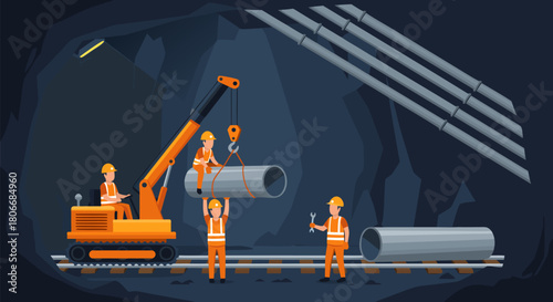 Vector illustration of an industrial construction team working on a pipeline installation project inside a dark underground tunnel with a crane