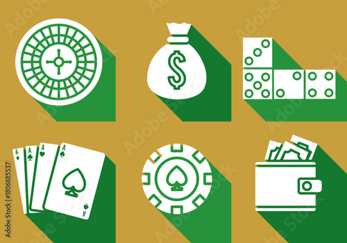 Gambling icon set featuring casino games and money symbols flat vector design element for apps and websites isolated on gold background