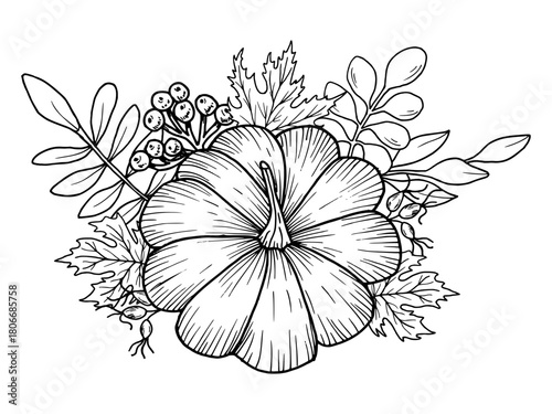 Pumpkin with maple leaves, rowan berries and rose hips. Hand-drawn botanical vector illustration. Black line art. Autumn garden composition for seasonal holidays, festivals and Thanksgiving