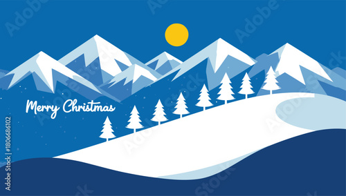Winter landscape with snow capped mountains and festive greeting for seasonal holidays background
