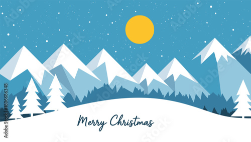 A stunning winter landscape with majestic snow-capped mountains and a bright golden moon illuminating the serene scene