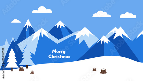 Winter landscape with blue mountains and fir trees greeting card design