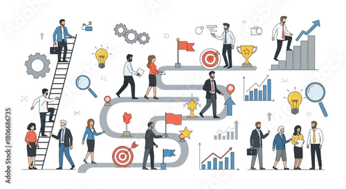 A comprehensive vector illustration of a business roadmap showing career progression, teamwork, and the steps to achieving corporate success