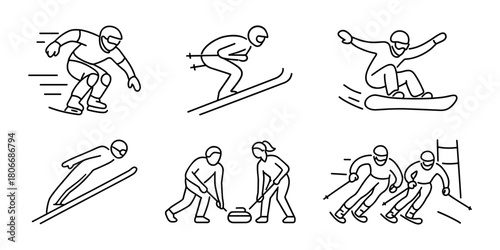Outlined icon set showcasing various winter sports: ice cross downhill, alpine skiing, snowboarding, ski jumping, curling, and parallel slalom. Each illustration captures motion and athletic posture