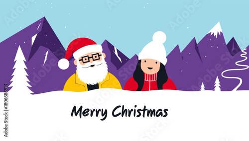 A joyful winter scene with santa claus and a happy girl celebrating christmas together in the mountains